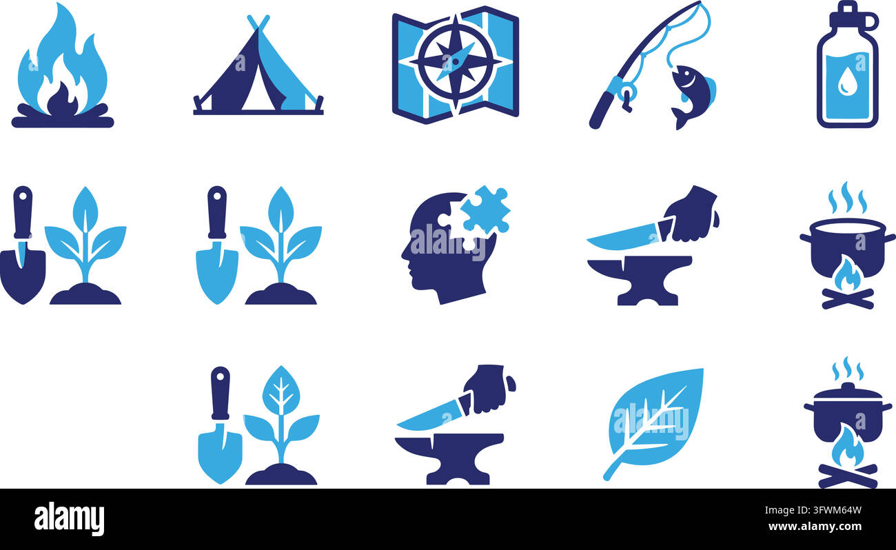 Les icônes d'équipement pour l'aventure et la survie en milieu sauvage présentent des formes vectorielles bleues pour les projets de reconnaissance. Illustration de Vecteur