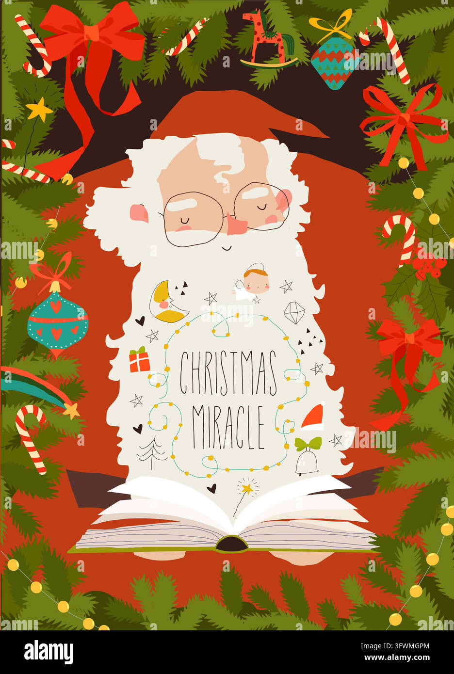 Caricature du Père Noël Livre de lecture et préparation pour Noël magique Illustration de Vecteur