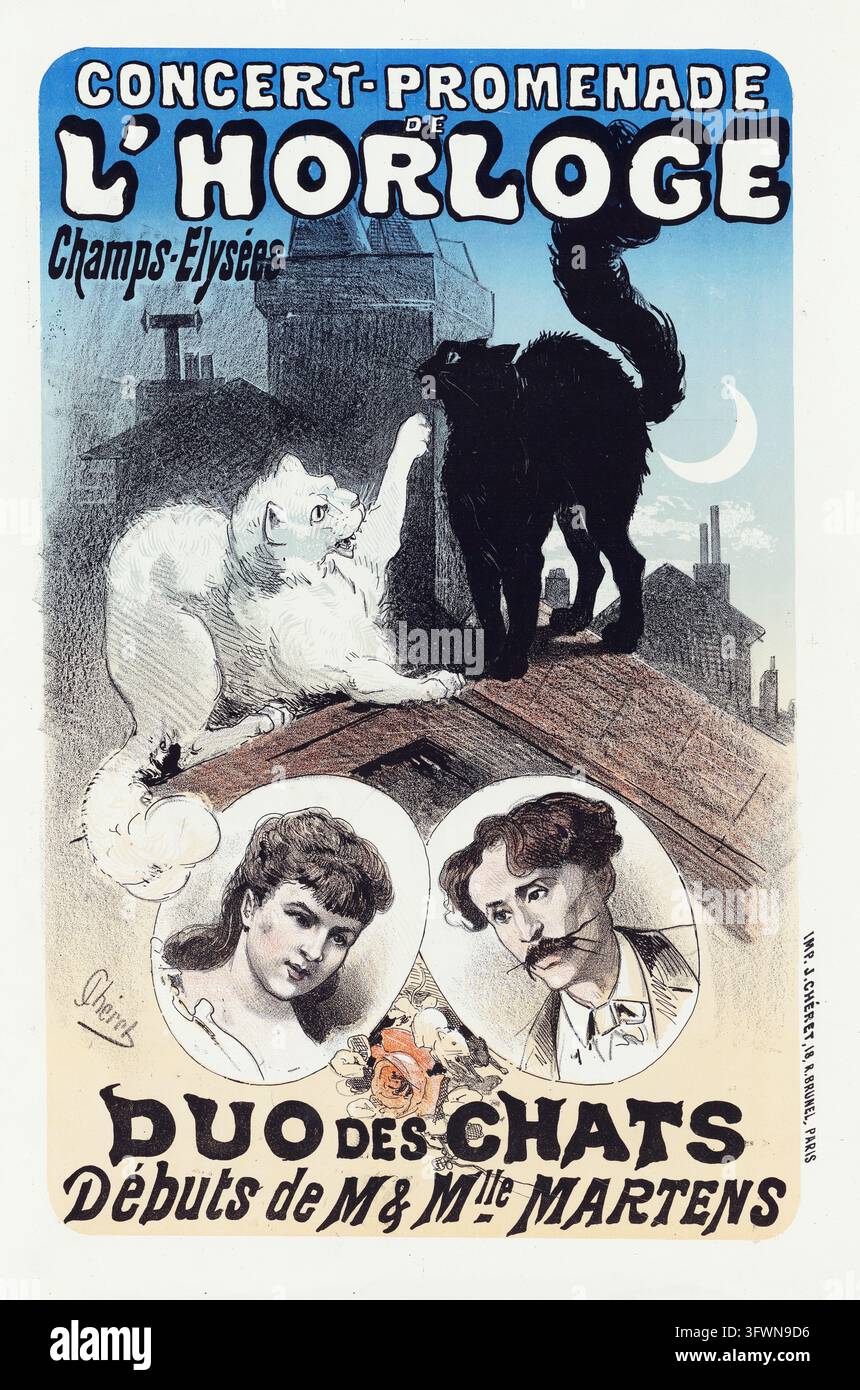 Une affiche lithographique française de 1876 par l'artiste Jules Chéret pour le Concert-Promenade de l'Horloge sur les Champs-Élysées. L'illustration d Banque D'Images
