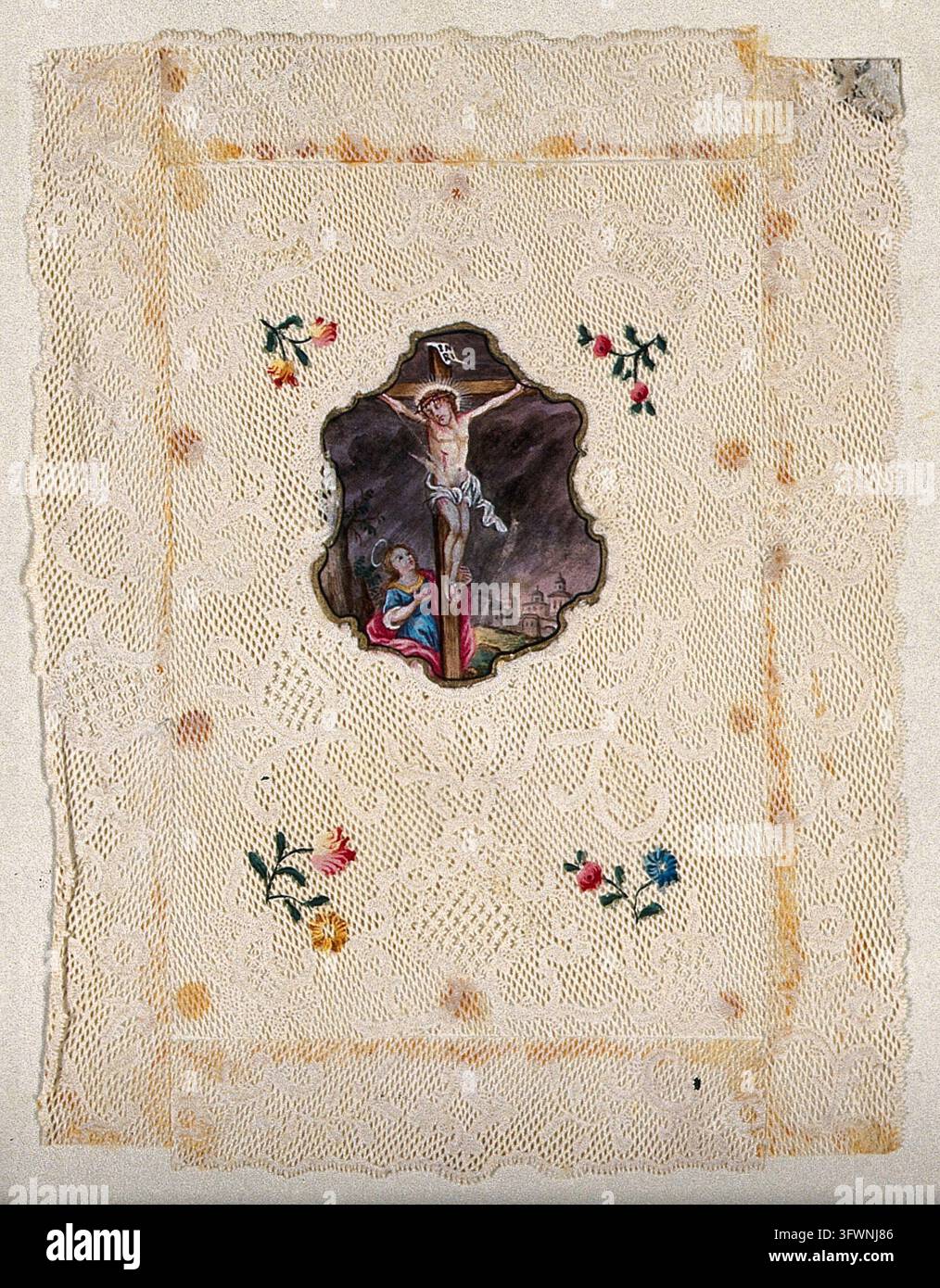 La Vierge Marie ou Marie Madeleine devant le Christ crucifié. Peinture à l'aquarelle Banque D'Images