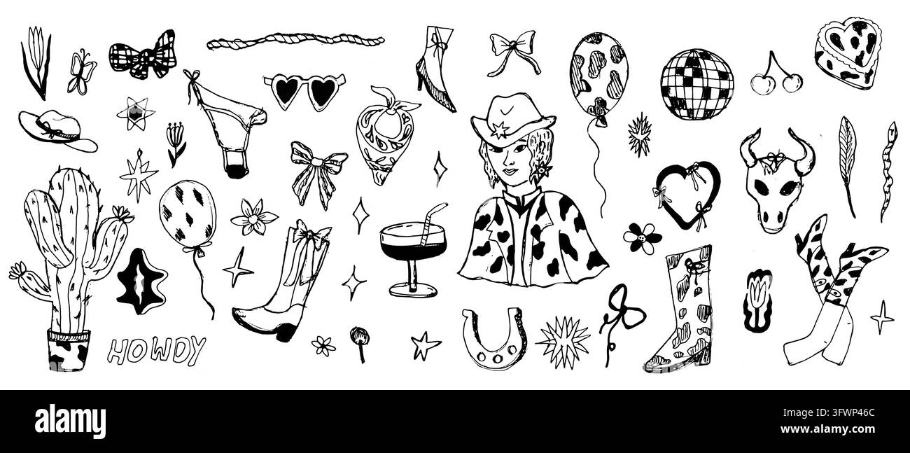 Ensemble de disques de cow-girl. Illustration vectorielle dessinée à la main en style de croquis linéaire. Ensemble western féminin cowboy avec éléments de disco musical pour anniversaire, découpage Illustration de Vecteur