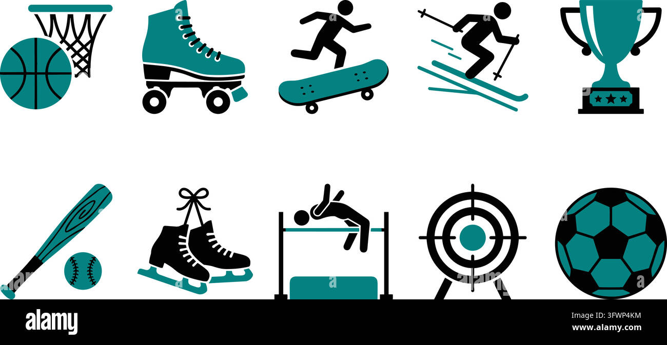 Icônes sportives bleu-vert et noir sur fond blanc pour un style de vie actif et la compétition. Illustration de Vecteur