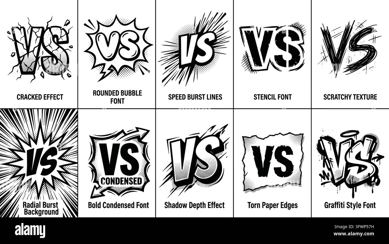 Guide visuel versus styles de lettres définis pour le design graphique et le branding d'événements sportifs compétitifs. Illustration de Vecteur