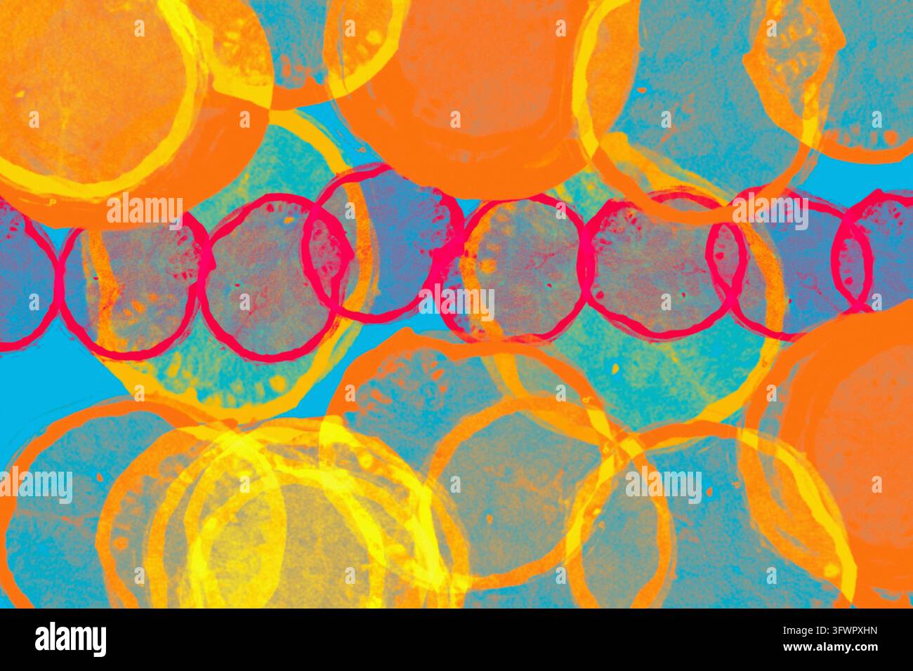 Œuvre abstrait bokeh vibrant avec des motifs circulaires superposés en orange, jaune, rose et bleu turquoise, créant une composition rétro texturée Banque D'Images