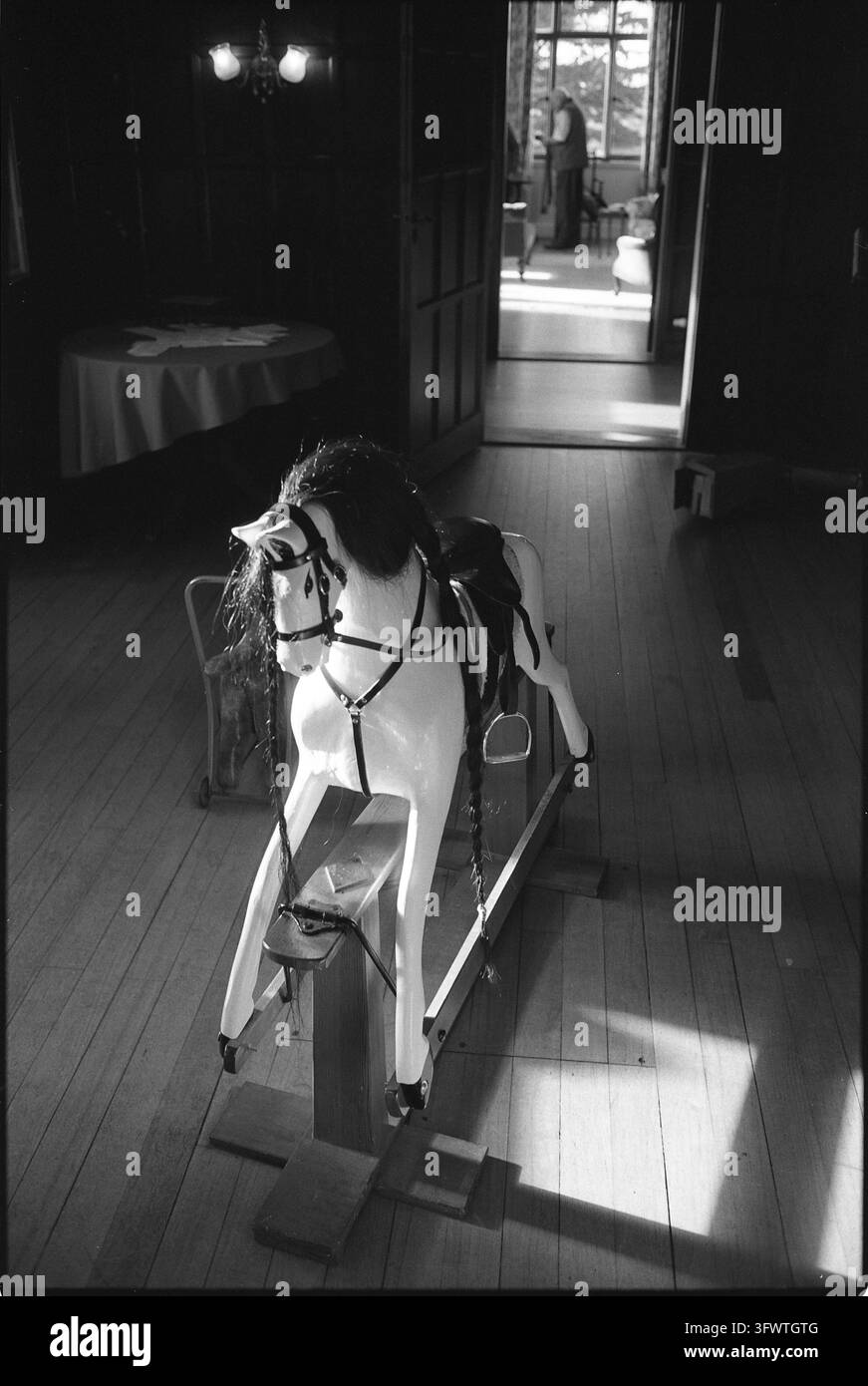 Cheval à bascule dans le hall, Sutton Hoo, Royaume-Uni. Photographie analogique, 2024. Banque D'Images
