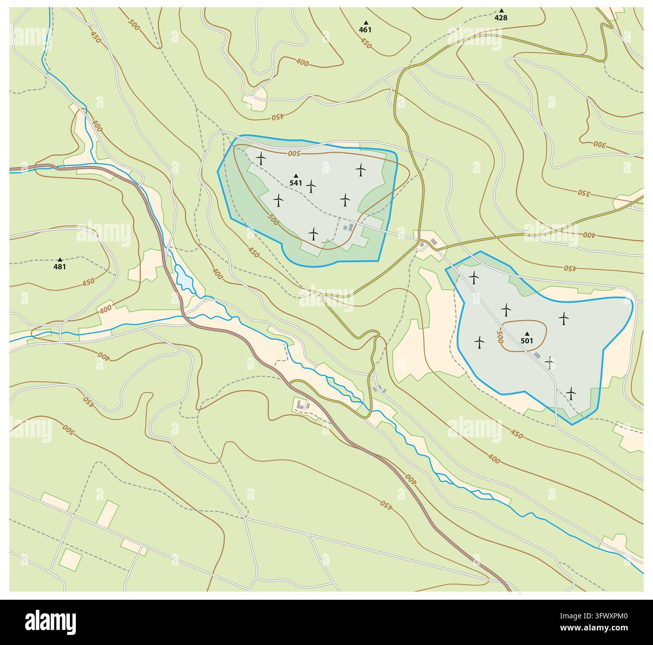 carte topographique fictive d'une ferme éolienne Banque D'Images