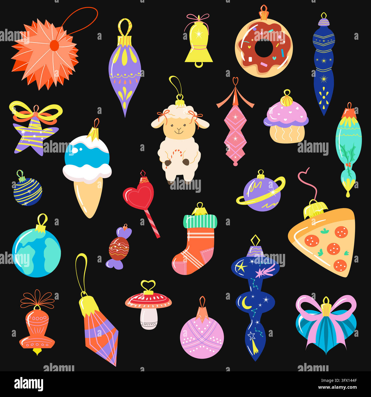 Collection charmante d'ornements de Noël colorés et de décorations festives pour arbre mettant en vedette des jouets de dessin animé fantaisistes, des baies et des éléments de fête. Illustration de Vecteur