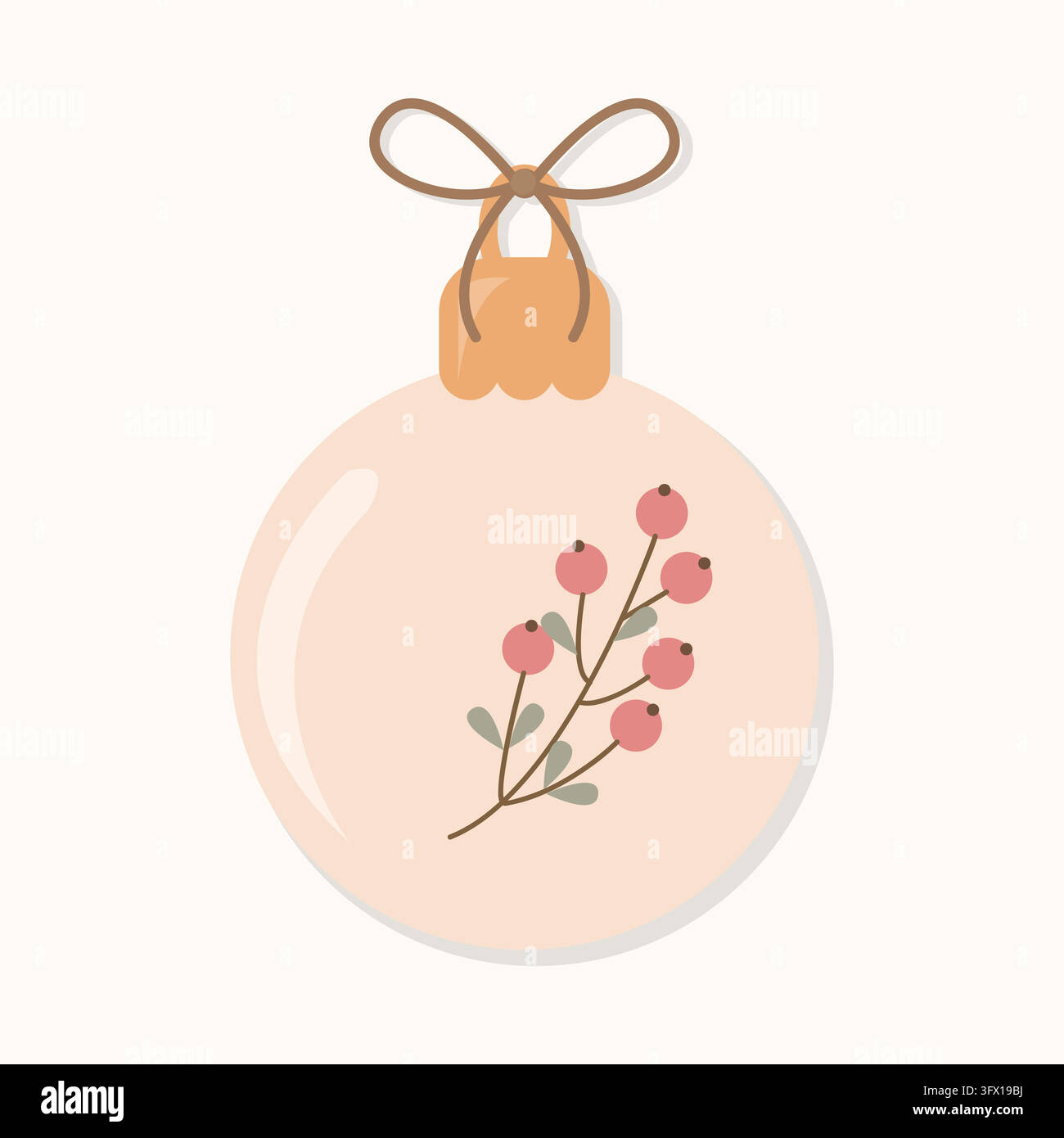 Décoration de boule en verre minimaliste crème pour les fêtes d'hiver, présentant une délicate branche de houx avec des fruits rouges et des feuilles vertes, surmontée d'une ficelle Illustration de Vecteur