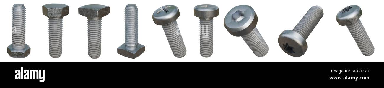 Ensemble de rendu 3D de vis et boulons métalliques – Hexagone, Tête cylindrique, Écrou hexagonal, Croix – Isolé Banque D'Images