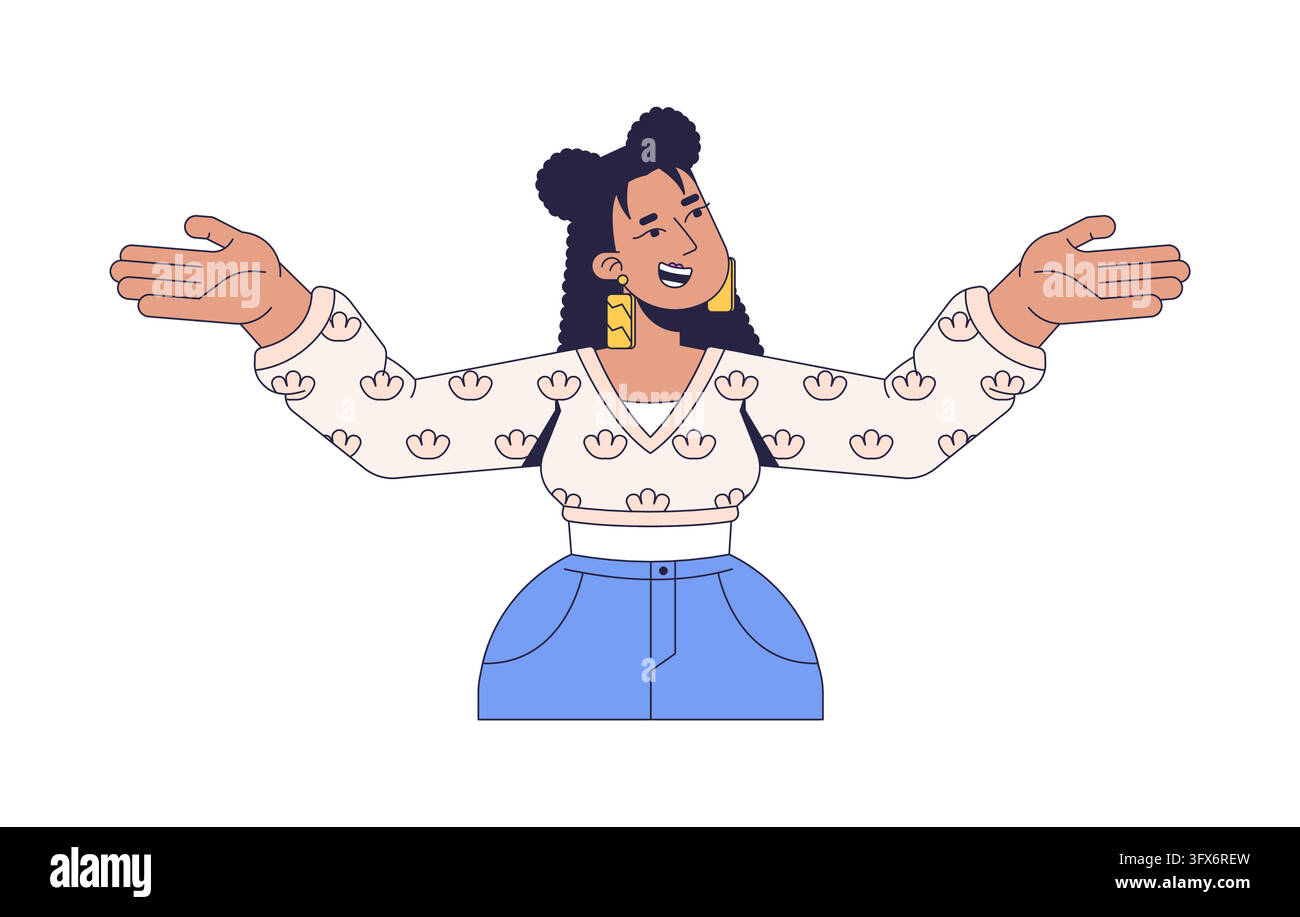 Femme latina bien en chair avec les bras grands ouverts dans un geste enthousiaste, personnage de dessin animé 2D Illustration de Vecteur