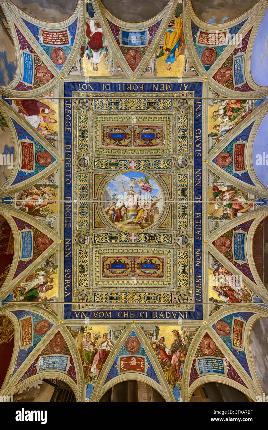 Plafond de la Sala dei Resorgimento, fresques du Palazzo Pubblico, Sienne, Toscane, Italie plafond de la Salle du Risorgimento, vue intérieure de la Banque D'Images