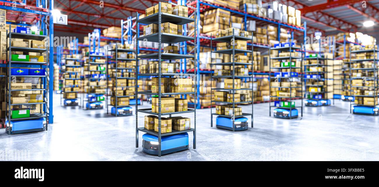 Robots de warehouse autonomes transportant des colis à l'intérieur en 3d Banque D'Images