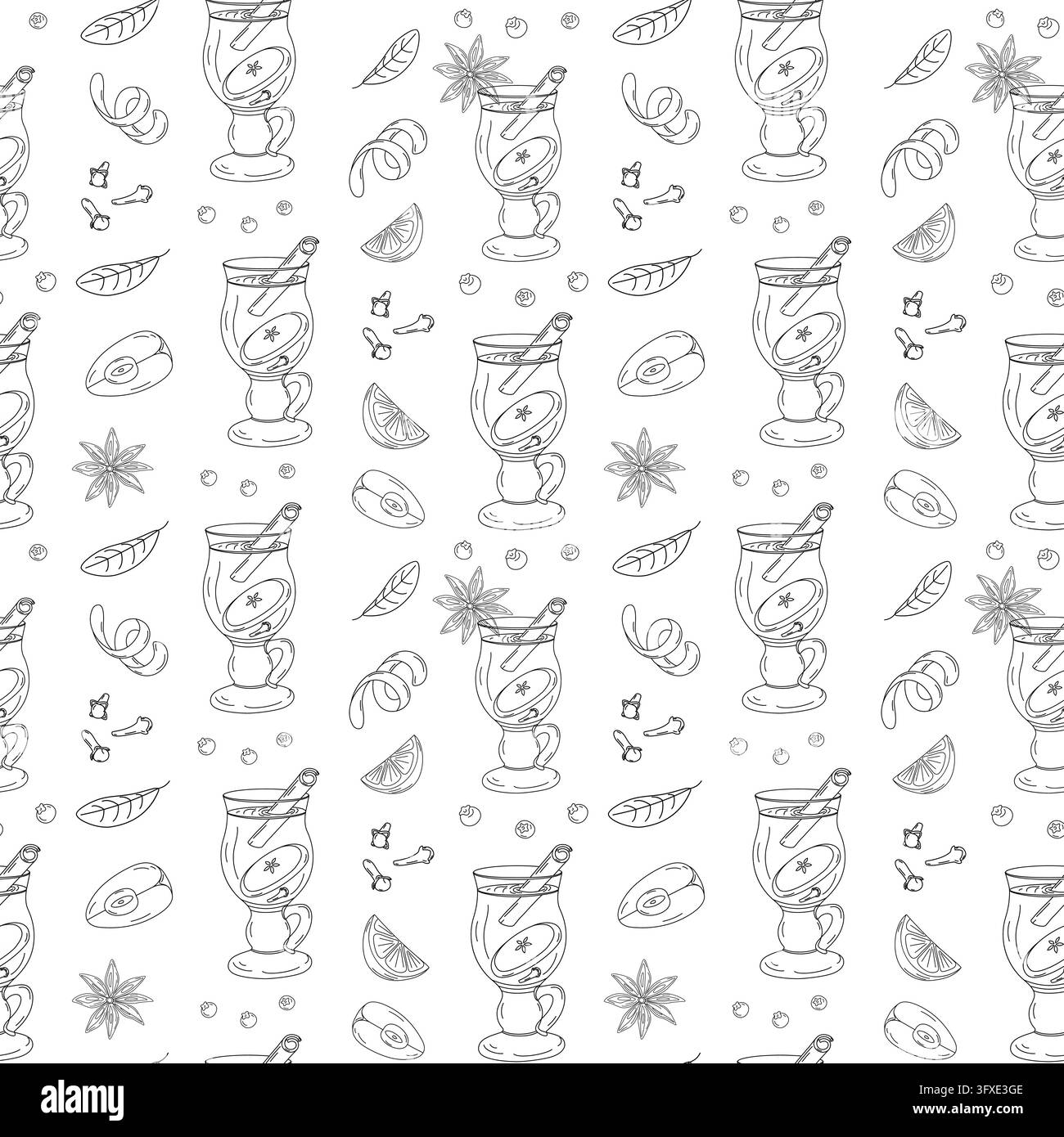Motif sans couture de vin chaud, agrumes et épices en art linéaire dessiné à la main pour papier d'emballage hivernal. Illustration vectorielle avec des contours fins de tasse et de fruits pour tissu, papier cadeau, papier peint et emballage. Illustration de Vecteur