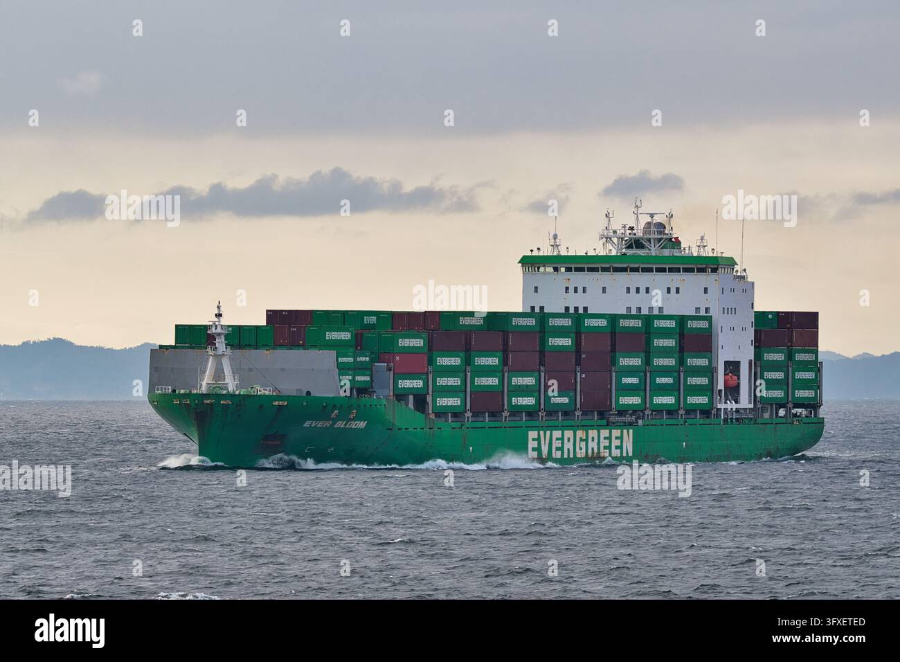 EVERGREEN MARINE CORP. (TAIWAN) LTD. EVER BLOOM (IMO 9787027) navire porte-conteneurs en navigation, vue oblique de la proue Banque D'Images