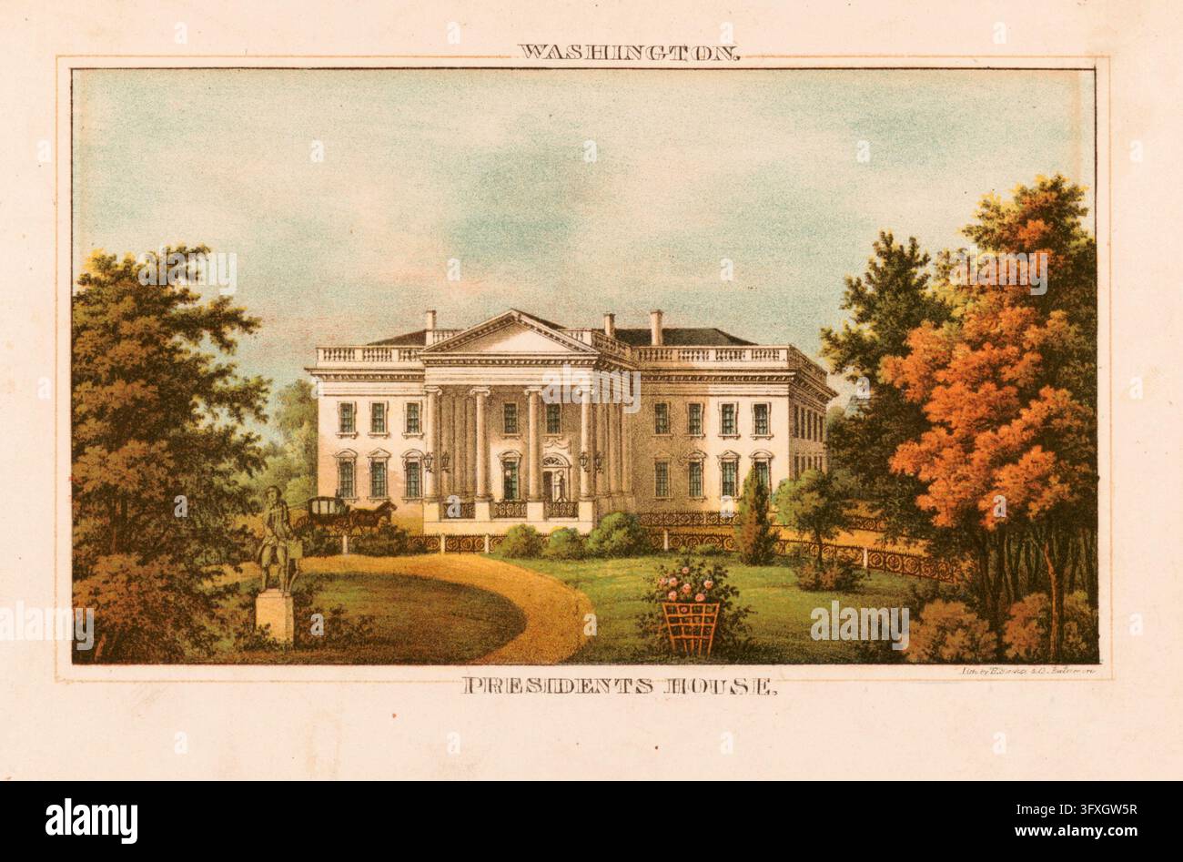 Lithographie de la Maison Blanche à Washington, D.C., étiquetée Washington en haut et Maison du Président en bas, telle qu'elle apparaissait au XIXe siècle, Amérique, États-Unis, histoire américaine, authentique, reproduction numériquement restaurée d'un original du XIXe siècle, date exacte de la représentation inconnue, historique Banque D'Images