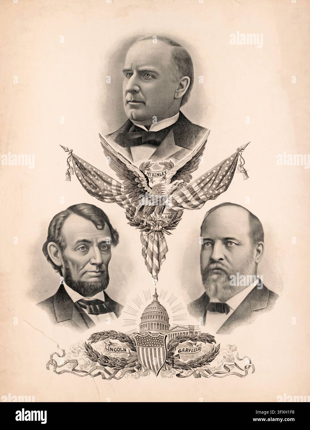Impression commémorative présentant les portraits de trois présidents américains assassinés pendant leur mandat : William McKinley (en haut), Abraham Lincoln (en bas à gauche) et James A. Garfield (en bas à droite), entourés de symboles patriotiques tels que l'aigle américain et le Capitole à Washington, D.C., Amérique. Histoire américaine. Reproduction authentique restaurée numériquement d'un original du XIXe siècle. Date exacte d'origine inconnue. Historique. Banque D'Images