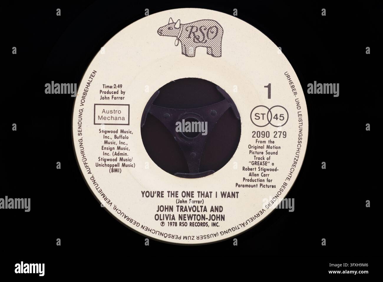 Label de disque vintage. John Travolta et Olivia Newton-John, You're The One That I Want, RSO Records, 1978 Banque D'Images