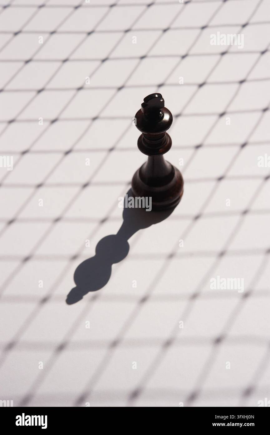 Roi d'échecs en bois sombre se tenant seul à la lumière du soleil, projetant une longue silhouette sur une surface pâle avec une ombre en grille diagonale Banque D'Images