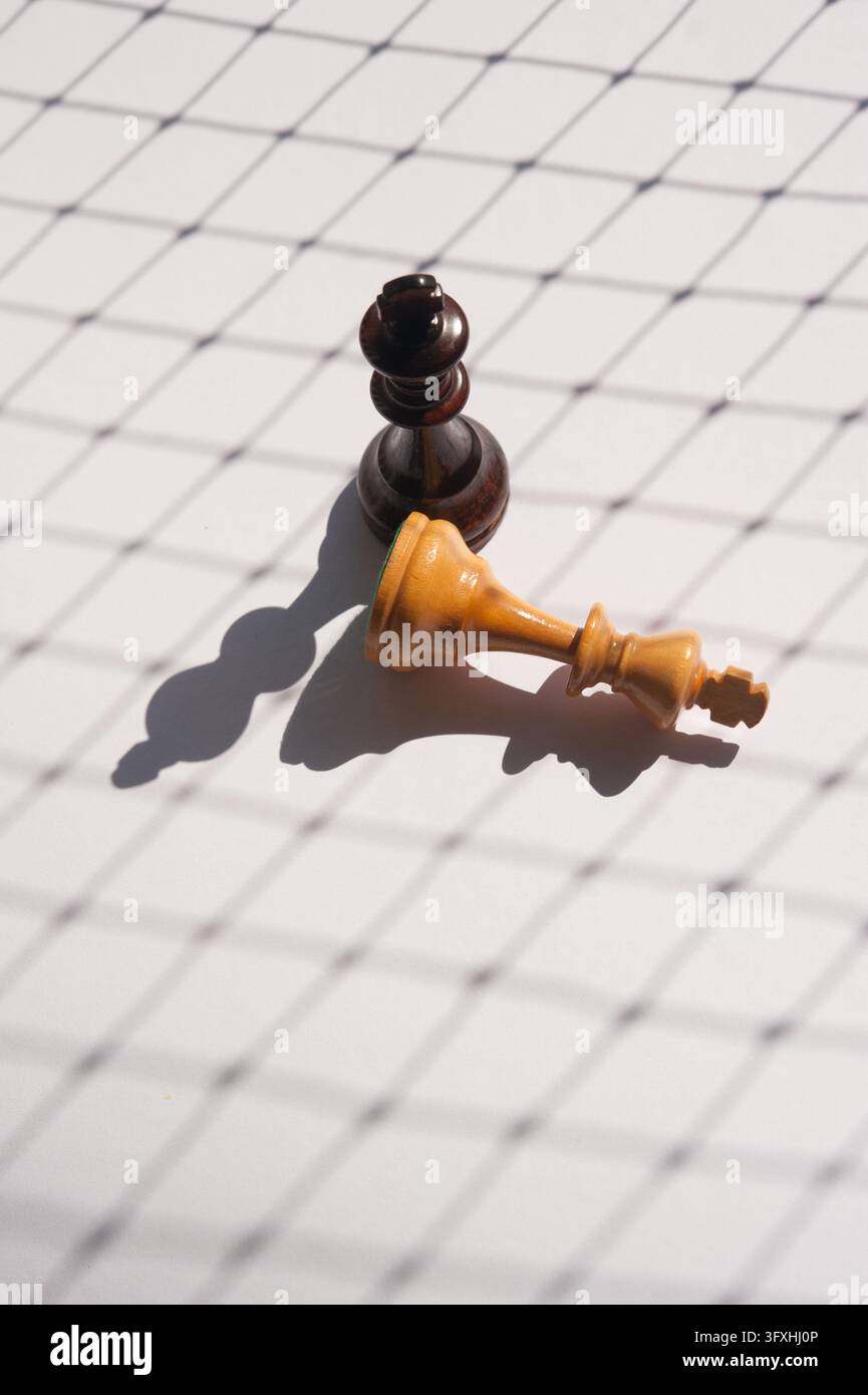 Un roi d'échecs en bois sombre se tient à côté d'un roi en bois clair renversé, avec de longues ombres tombant sur une surface pâle ornée de lignes de grille Banque D'Images