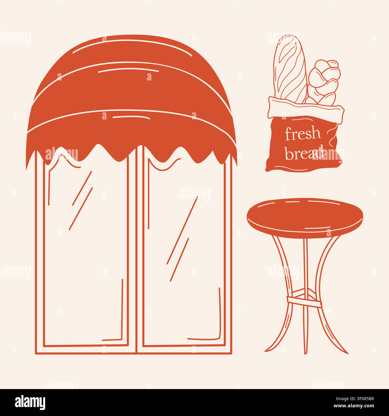 Illustration de la façade d'une boulangerie, paquet avec des pains frais et table extérieure ronde de style français pour un concept de branding de café ou pâtisserie Illustration de Vecteur