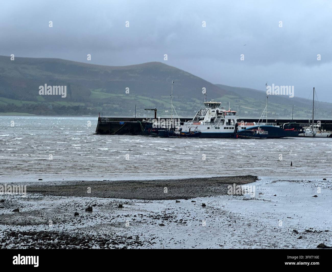 Vent et pluie à Carlingford. Toutes les comtés de l’île d’Irlande, à l’exception de neuf, ont reçu au moins des avertissements météorologiques de niveau jaune pour samedi, avec la tempête Boelo qui devrait apporter des "rafales graves et dommageables" selon Met Éireann. Date de la photo : samedi 24 octobre 2026. Banque D'Images