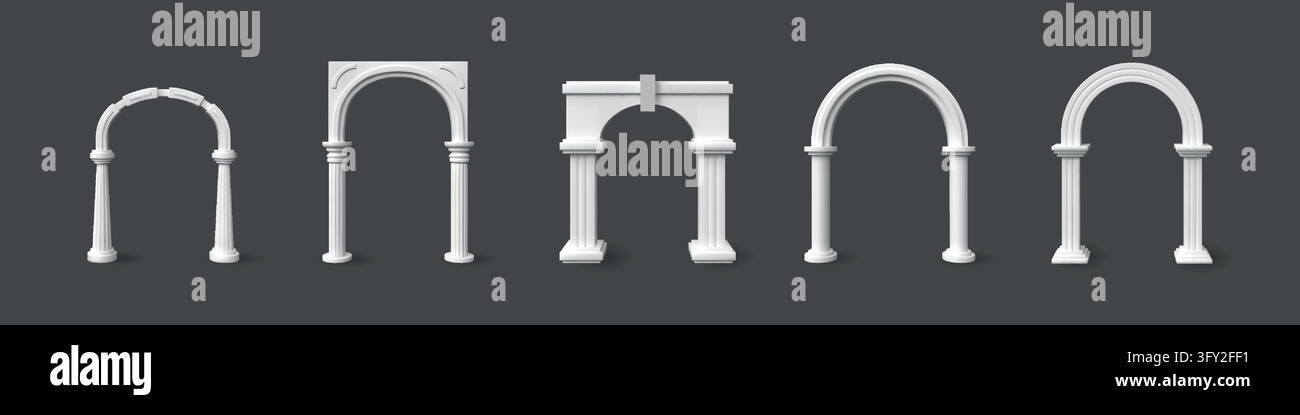 Arche de colonne. Architecture de pilier romain, arche de pierre de château ou balcon en marbre antique 3D. Porte de temple ou de palais. Les portes classiques présentent des ouvertures cintrées et des chapiteaux décoratifs. Ensemble de bordures vectorielles Illustration de Vecteur
