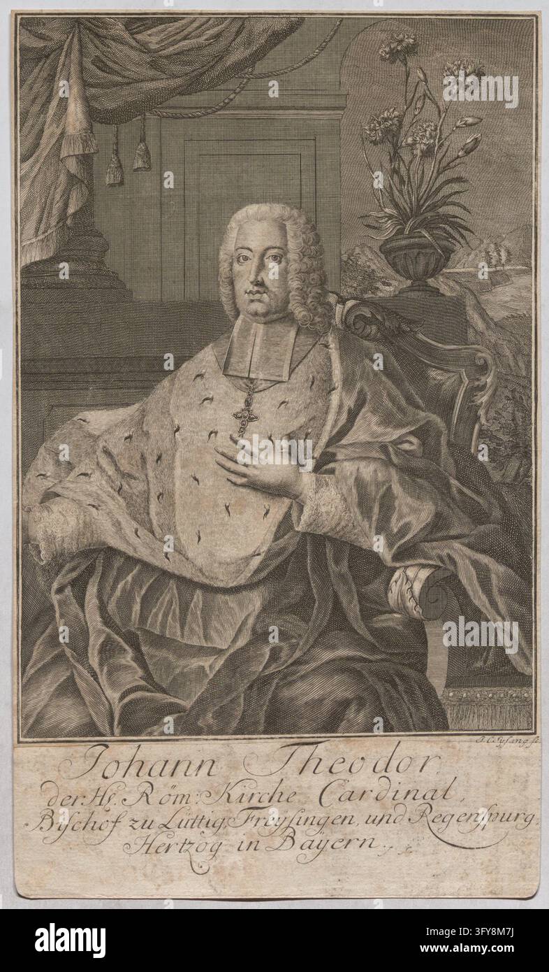 Johann Théodore le Saint Romain : cardinal de l'Église, évêque de Liège, Freising et Regensburg, duc en Bavière., cardinal Johann Theodor de Bavière, évêque de Regensburg, Freising et Liège, Johann Christoph Sysang (1703–1757), graveur à l'eau-forte, gravures graphiques, gravure à l'eau-forte, avant 1757, papier, hauteur 32,3 cm, largeur 19,2 cm, JC Sysang sc., Beaux-Arts, homme, portrait, archevêque, évêque, cardinal, Un cardinal assis en robes religieuses et un pendentif en croix pose à l'intérieur à côté d'un rideau drapé et d'un vase de Banque D'Images
