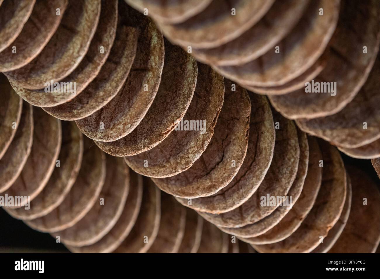 Pain de seigle finlandais traditionnel avec un trou au milieu, connu sous le nom de reikaleipa, suspendu en rangées sur des poteaux en bois pour sécher et fumer à l'intérieur, mettant en valeur un he Banque D'Images