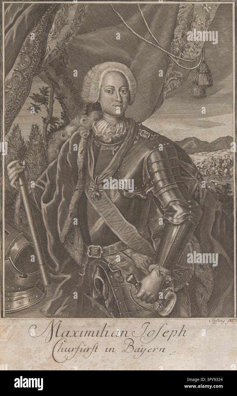 Maximilian Joseph, Électeur en Bavière., Maximilian III. Joseph, Électeur de Bavière, Johann Christoph Sysang (1703—1757), graveur à l’eau-forte, arts graphiques, gravure à l’eau-forte, avant 1757, papier, hauteur 32,1 cm, largeur 19,8 cm, Sysang sc., Beaux-Arts, Militaire, Aristocratie, portrait, homme, armure, souverain, homme souverain, Un homme en armure tient un bâton dans un décor extérieur drapé avec des arbres, des collines et un camp de soldats dans le Banque D'Images