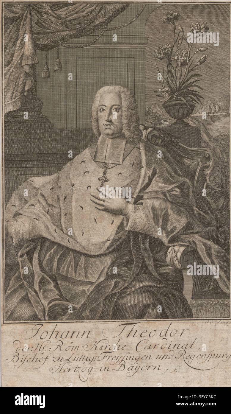 Johann Théodore le Saint Romain : cardinal ecclésiastique, évêque de Liège, Freising et Regensburg, duc en Bavière., cardinal Johann Théodore de Bavière, évêque, de Regensburg, Freising et Liège, Johann Christoph Sysang (1703–1757), graveur à l’eau-forte, gravures graphiques, gravure sur cuivre, avant 1757, papier, hauteur 32,3 cm, largeur 19,2 cm, JC Sysang sc., Beaux-Arts, homme, portrait, archevêque, évêque, cardinal, Un clerc vêtu portant un pendentif en croix est assis dans une chaise ornée à l’intérieur d’un intérieur décoré avec une plante en pot et Banque D'Images
