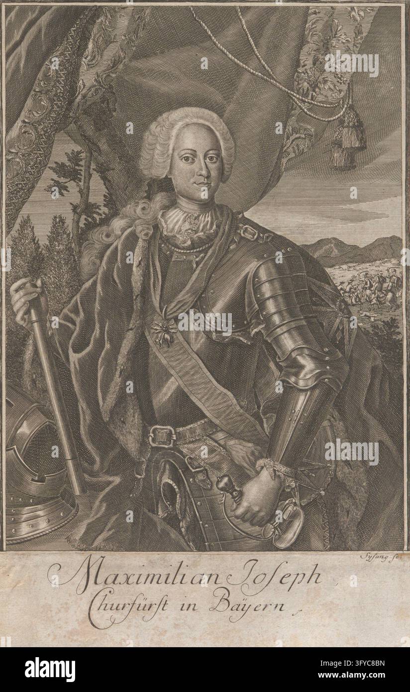 Maximilian Joseph, Électeur en Bavière., Maximilian III. Joseph, Électeur de Bavière, Johann Christoph Sysang (1703—1757), graveur à l’eau-forte, gravures graphiques, gravure à l’eau-forte, avant 1757, papier, hauteur 32,1 cm, largeur 19,8 cm, Sysang sc., Beaux-Arts, Militaire, Aristocratie, portrait, homme, armure, dirigeant, souverain, Un homme portant une armure et une écharpe tient une matraque dans un cadre extérieur avec une draperie et un lointain Banque D'Images
