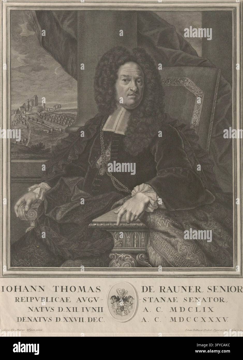 JOHANN THOMAS DE RAUNER, SENIOR, REIPUBLICAE AUGUSTANAE SENATOR, NATUS D. XII. IUNII AC MDCLIX DENATUS D. XXVII. DEC. AC MDCCXXXV., Johann Thomas Rauner senior, patricien d'Augsbourg, Johann Balthasar Probst (1673—1750), graveur à l'eau-forte, d'après :, George des Marées (ou Desmarées) (1697—1776), gravures graphiques, gravure à l'eau-forte, après 1735, papier, hauteur 48,9 cm, largeur 35,7 cm, taille de la plaque 46,8×35,3 cm, Georg De Marees Effigiem pinxit, Johann Balthasar Probst Figurav: et Sculpsit. Aug. V., Arts plastiques, portrait, homme, Un homme assis en tenue historique avec de longs cheveux bouclés repose une main sur un ornementé Banque D'Images