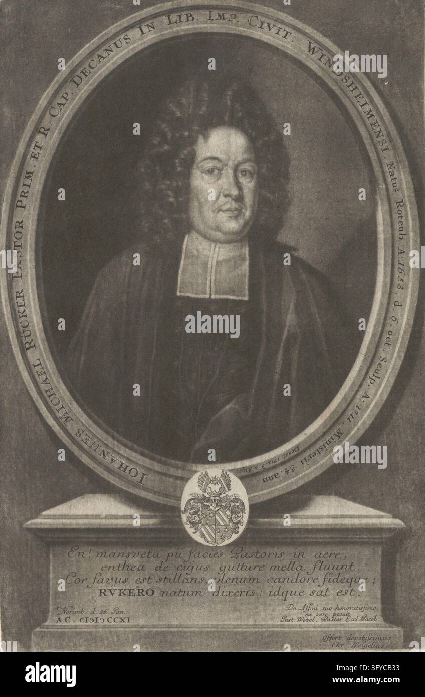 JOHANNES MICHAEL RÜCKER PASTOR PRIM. ET R. CAP. DECANUS IN LIB. IMP. WIND HOME MENSI. Né Rotenb. A: 1653. d. 6 octobre Sculp. A: 1711. (...), Johann Michael Rücker, prédicateur à Windsheim, Johann Christoph Weigel d. Ä. (1654—1725), artiste de mezzotinte, gravures graphiques, gravures à la mezzotinte, avant 1725, papier, mezzotinte, hauteur 36,7 cm, largeur 31,7 cm, format de la plaque 32,1 × 21 cm, Offert devotissimus Chr. Weigelius., Norimb: d. 26 janv. : AC CICICCCXI., Beaux-Arts, portrait, homme, blason (comme symbole de l'État, etc.), Un portrait ovale peint montre un homme portant des robes ecclésiastiques et un blanc Banque D'Images