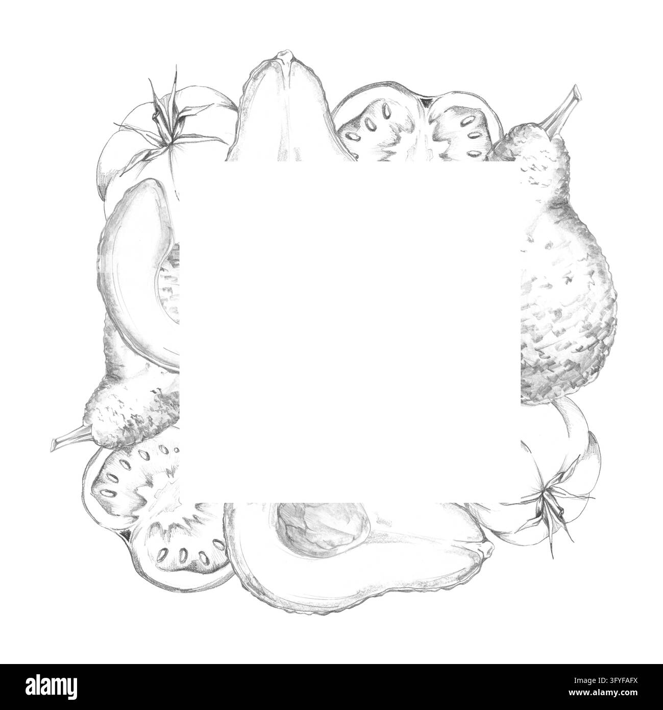 Tomates et avocats, fruits de jardin mûrs avec avocat entier, coupé en deux et tranché, chair crémeuse, peaux texturées et disposition de produits frais. Isolé Banque D'Images