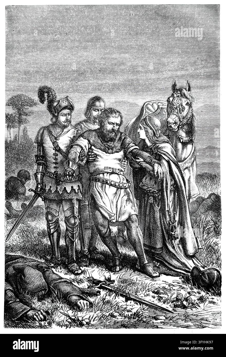 Gravure vintage : un chevalier barbu blessé est soutenu par un jeune chevalier au casque orné de plumes et une noble femme en manteau sur un champ de bataille ; un tombé s Banque D'Images