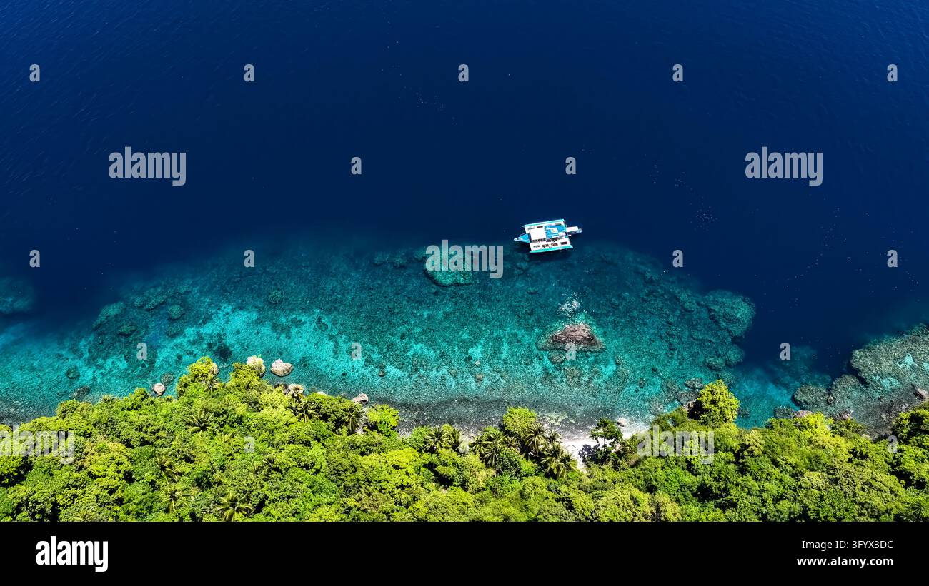 Vue aérienne d'un petit bateau flottant dans une eau turquoise claire près d'une côte tropicale luxuriante et verte à Southern Leyte, aux Philippines Banque D'Images