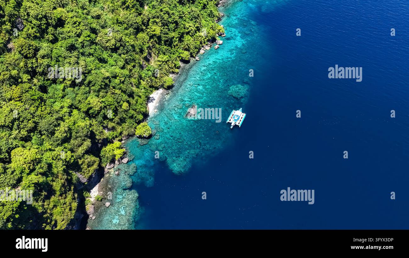 Vue aérienne d'un catamaran flottant dans une eau turquoise claire le long d'une côte tropicale verdoyante à Southern Leyte, aux Philippines Banque D'Images