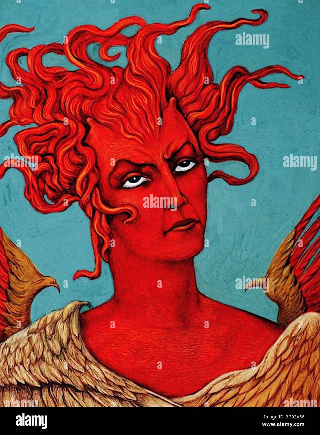 Alberto Martini (1876–1954) - Lucifer - vers 1907 - Illustration peinte pour le Paradiso (Chant XXIX) de Dante Alighieri - Lucifer représenté comme un ange déchu fier, à la peau rouge, avec des cheveux et des ailes en forme de flammes sur un fond bleu-vert - Partie de la série étendue d'illustrations de Martini interprétant la Divine Comédie de Dante Alighieri, servant spécifiquement de frontispice ou de planche pour le Paradiso. Banque D'Images
