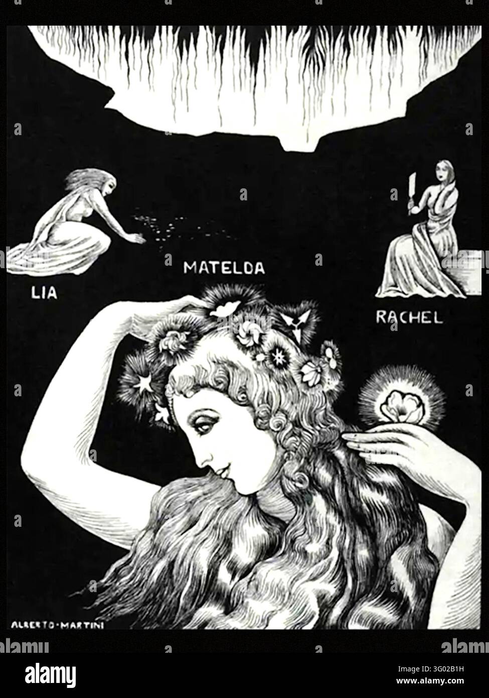 Alberto Martini (1876–1954) - Matelda, Lia, Rachel - 1922 - Il sert d'interprétation visuelle saisissante de la Divine Comédie de Dante Alighieri, représentant spécifiquement les figures symboliques du Purgatoire (Canti XXVII et XXVIII) - L'illustration organise trois femmes tirées de la tradition théologique et littéraire. En arrière-plan, Lia (Leah) et Rachel représentent respectivement la vie active et la vie contemplative, faisant écho au rêve de Dante avant d'entrer dans le Paradis terrestre. Au premier plan, Matelda représente l'état de la nature humaine innocente avant la Chute. Banque D'Images