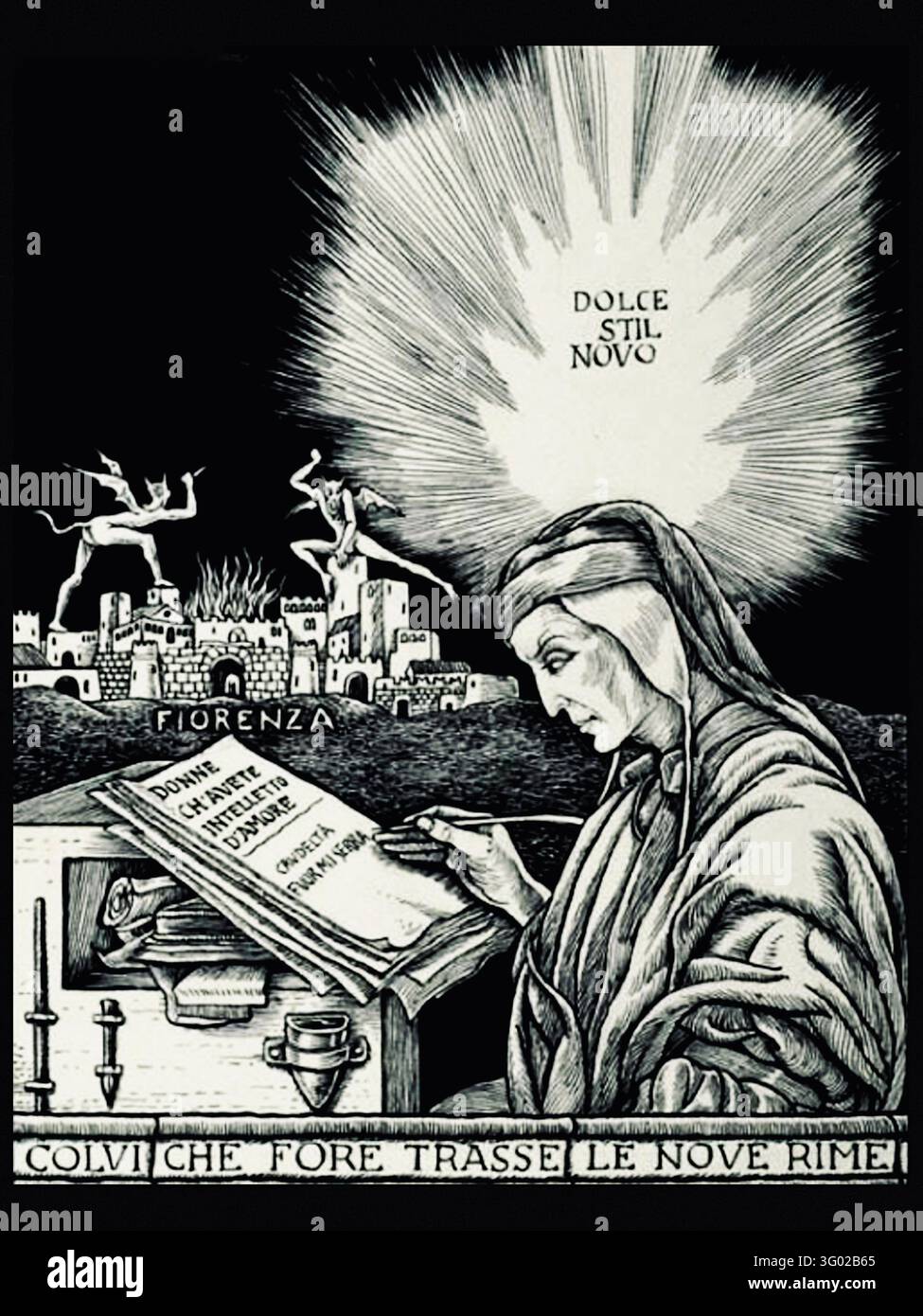 Alberto Martini (1876–1954) - Dolce Stil Novo - 1937 - Représente le célèbre poète italien Dante Alighieri à son bureau d'écriture, composant des vers dans le célèbre mouvement poétique vulgaire - À l'arrière-plan, la ville de Florence ("Fiorenza") est montrée sous un ciel sombre, assaillie par des bâtiments en flammes et des démons tourmentants. Cela reflète les troubles politiques, les conflits et l'exil éventuel auxquels Dante a été confronté dans sa ville natale. En contraste net avec la ville chaotique, une brillante explosion de lumière rayonne au-dessus de la tête de Dante et contient les mots "Dolce Stil Novo" ("Douce Nouveau Style"). Banque D'Images