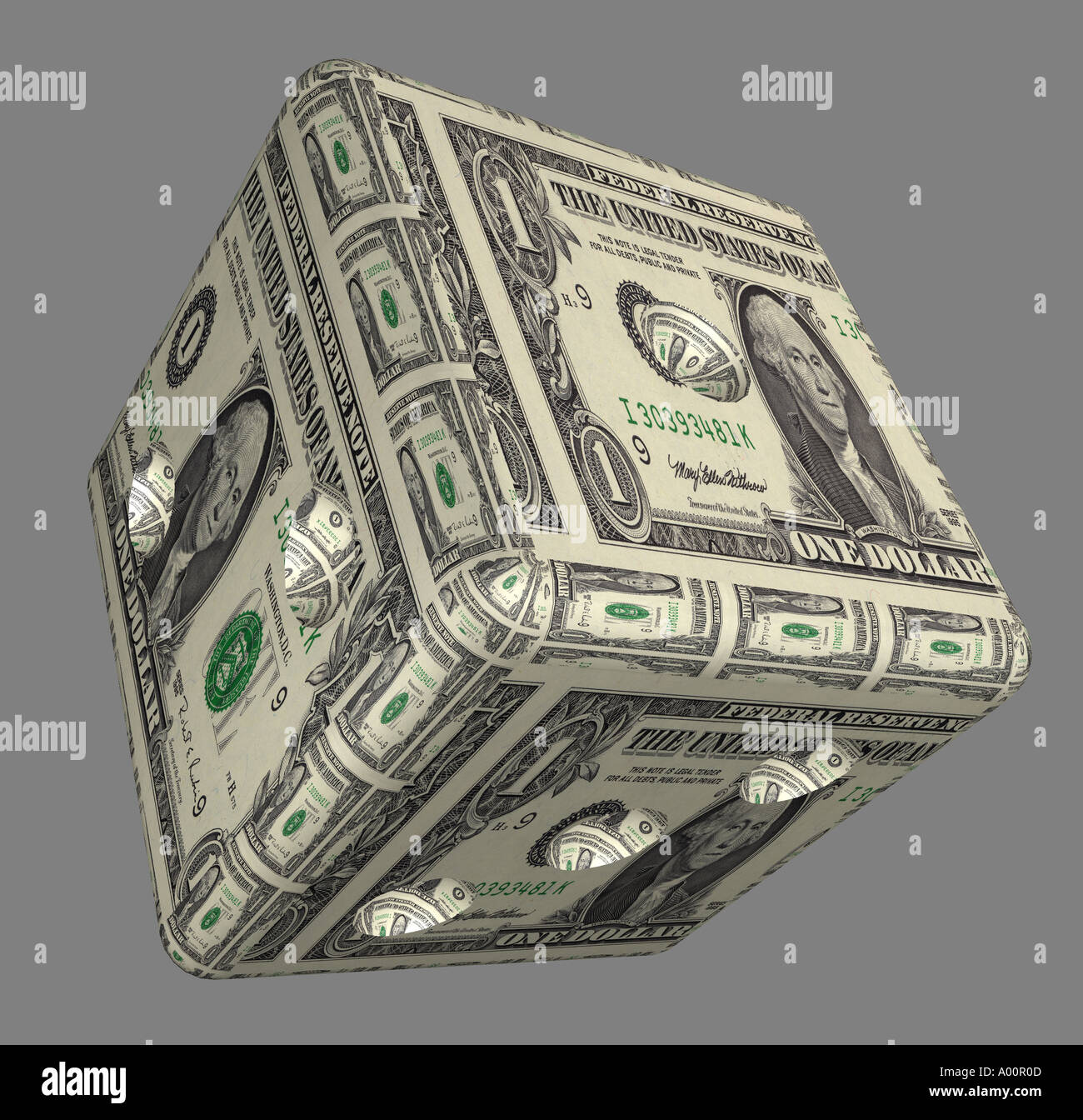 One dollar bills USA enroulé autour de 3 cube D Banque D'Images