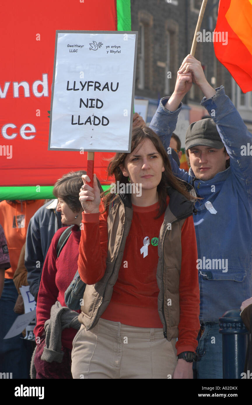 Yfrau lladd 'llnid' - Welsh pour 'Livres' ne pas tuer - anti guerre en Irak manifestant dans les rues d'Aberystwyth - femme bibliothécaire Banque D'Images