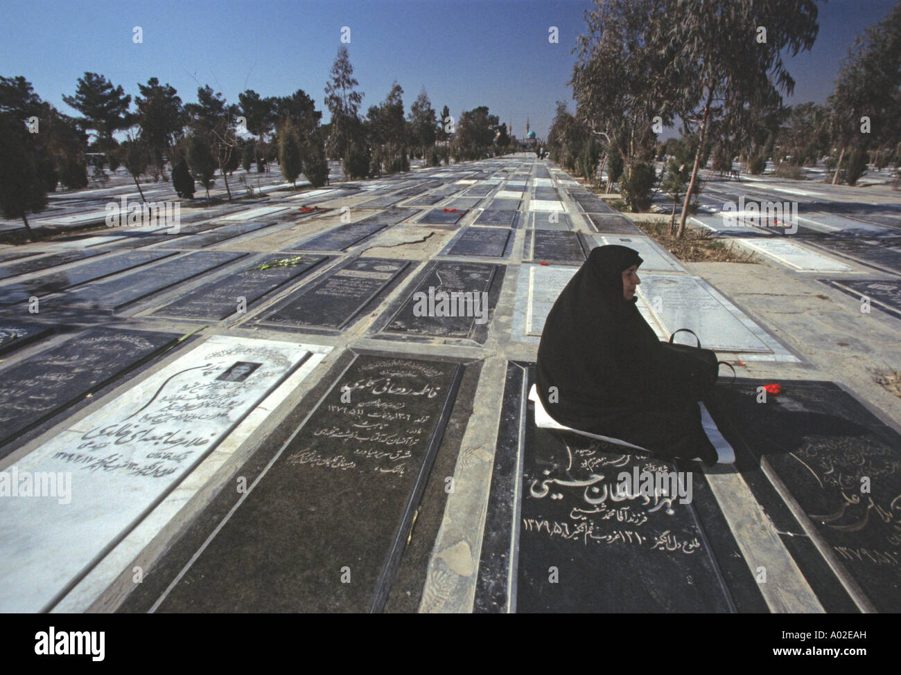 Femme pleure sur un être cher perdu en Iran Iraq War au cimetière, Téhéran, Iran Banque D'Images