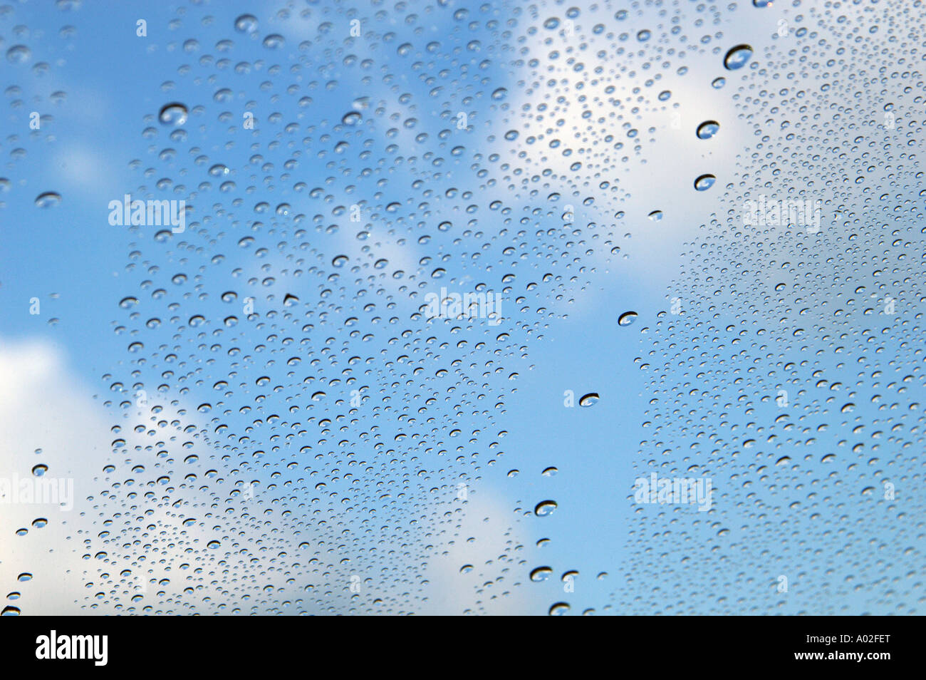 Gouttelettes d'eau sur verre avec ciel bleu en arrière-plan. Banque D'Images