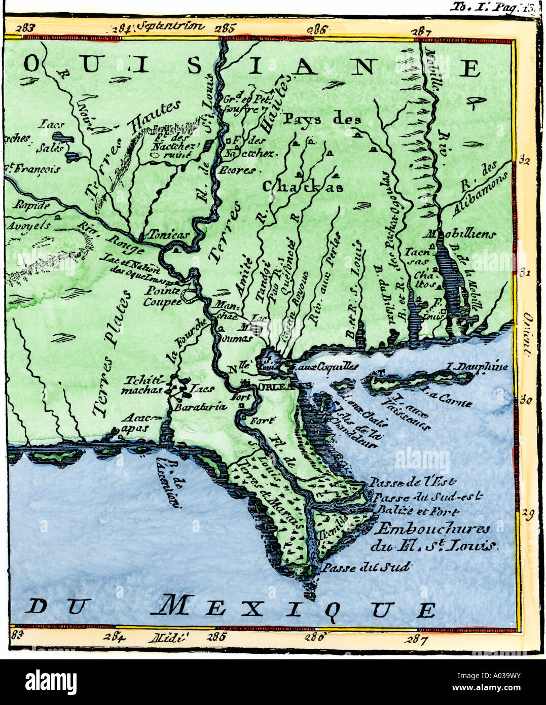 La Louisiane en 1744 montrant l'embouchure du fleuve Mississippi tandis qu'une partie de la Nouvelle-France. À la main, gravure sur bois Banque D'Images