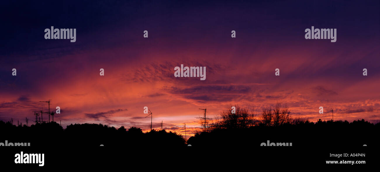 Aperçu des poteaux de l'antenne et connexions des arbres contre beau coucher de ciel. Banque D'Images