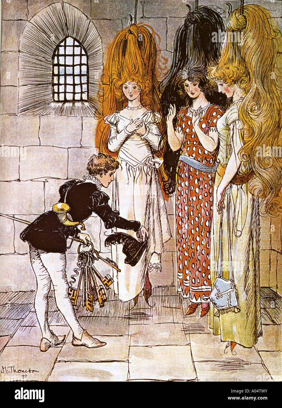 JACK THE GIANT KILLER 'trouve trois mesdames attaché par les cheveux de leurs têtes" à partir d'un livre 1898 Banque D'Images