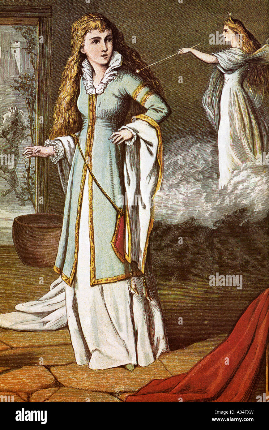 La fée marraine de Cendrillon Cendrillon touche avec sa baguette dans cette illustration 1876 Banque D'Images