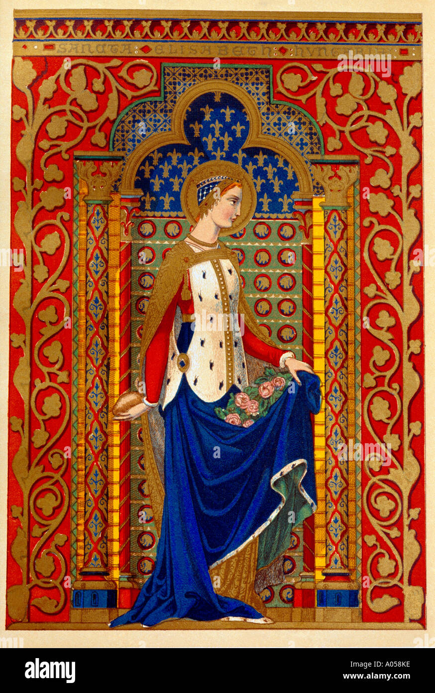 Sainte Élisabeth de Hongrie portant du pain derrière son dos pour représenter son aumône secrète et avec un manteau plein de roses Banque D'Images