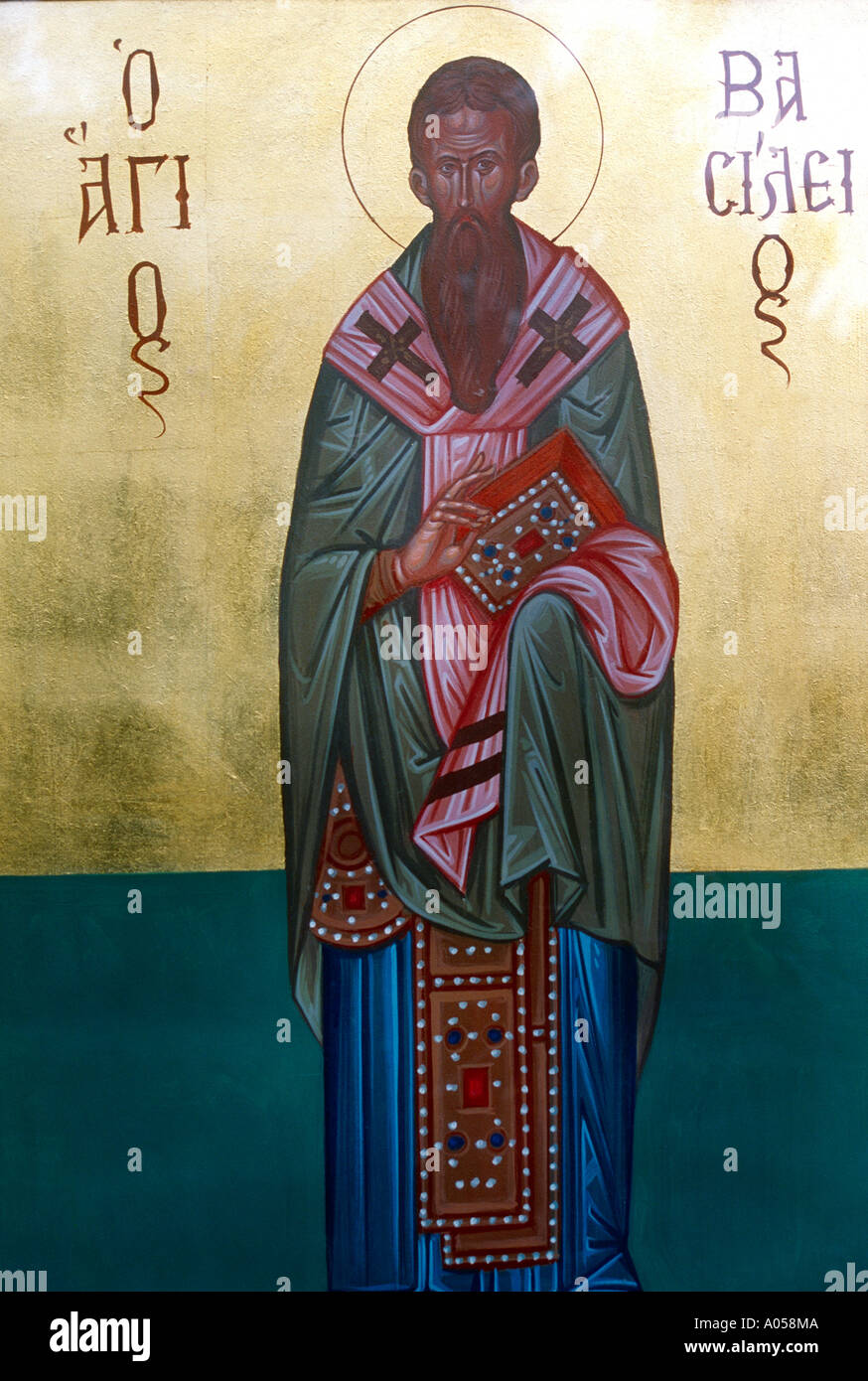 Saint Basile le Grand - habillé comme un évêque et tenant un livre de joyaux pour représenter son importance en tant que docteur de l'Église Banque D'Images